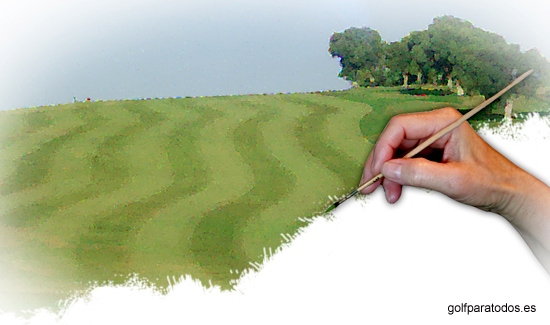 Imagen de la mano de un artista realizando una pintura de un campo de golf